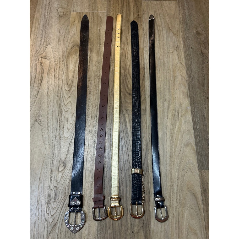 Vintage Women Belts Lot 5pc Western Heart Rhinestone Croc Gold Brown Black
